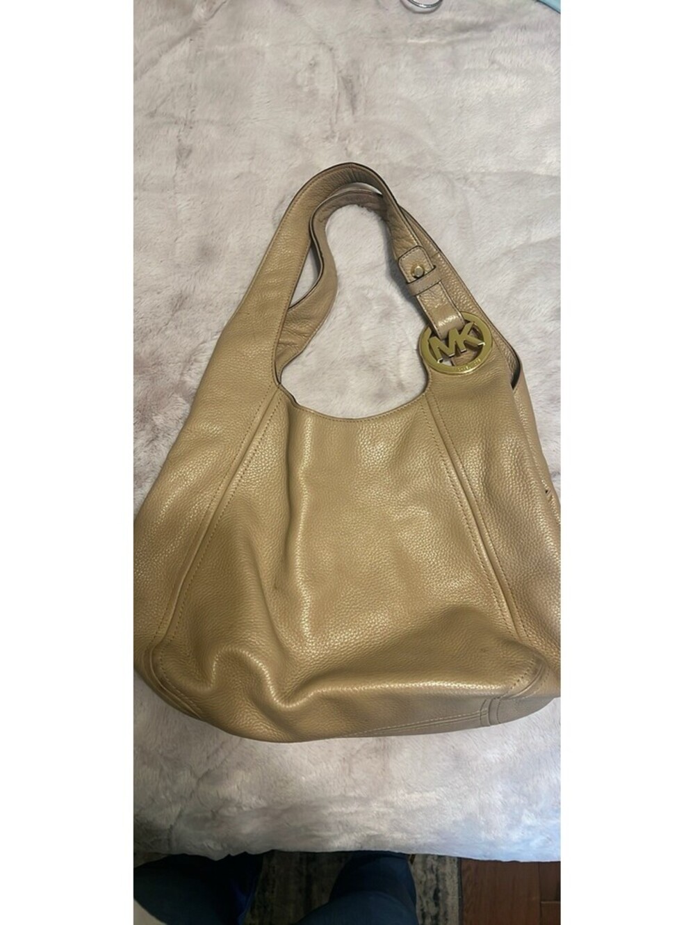 Michael Kors Beige Leather Hobo Shoulder Bag with Gold MK Logo